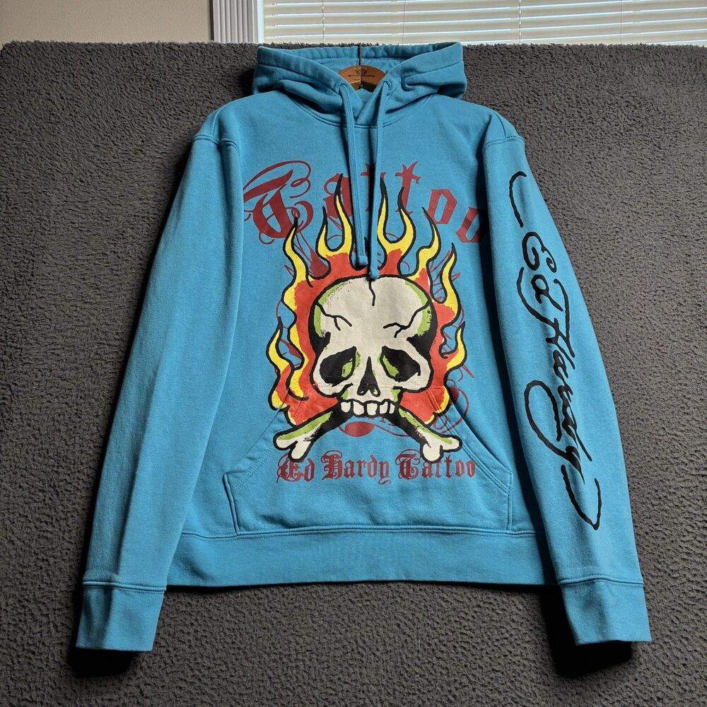 Y2K Ed Hardy Tattoo Pullover Sweatshirt Hoodie Skull Flames Mens Small Cyber